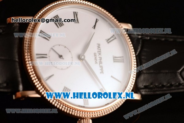 Patek Philippe Calatrava Small Seconds Miyota 9015 Automatic Rose Gold Case with White Dial Roman Numberal Markers and Black Genuine Leather Strap (GF) - Click Image to Close